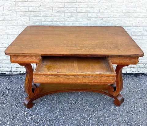 Antique American Empire Style Tiger Oak Library Table Server Desk Cover