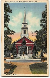 Fitchburg MA - Upper Common with First Unitarian Church - Teich Linen Postcard - Bild 1 von 2