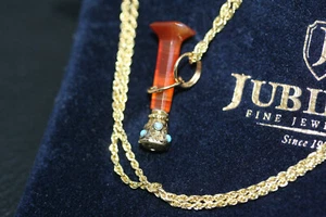 Victorian Carnelian Agate Turquoise Seal Pendant 10K Gold Women's Necklace 18" - Bild 1 von 12
