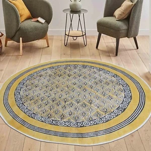 Yellow Living Room Area Rug Hand Woven Cotton Round Dhurries Modern Kilim 7x7 ft - Picture 1 of 12