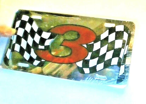 DALE EARNHARDT # 3 LICENCE PLATE - RACING FLAGS AND MIRROR BACK  (PLASTIC) 12" Cover