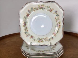 National China Japan SQUARE Salad Plates Red Trim Blue Accents SET of 4~ Florals - Picture 1 of 8