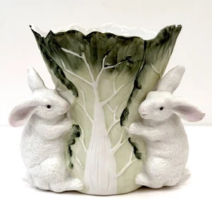 Vintage Jubilee Bisque Porcelain Rabbits & Lettuce Vase #7432 Easter - Picture 1 of 7