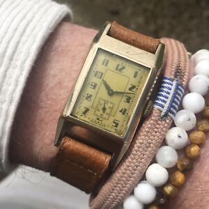 Nice vintage 1940's swiss anonymous 15J art deco dial rolled gold tank watch