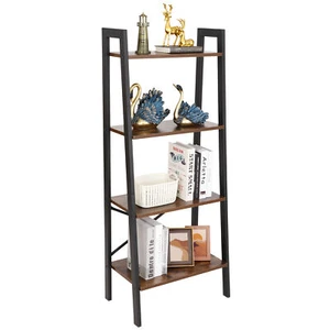 4-Tier Brown Bookcase Bookshelf Leaning Wall Ladder Shelf Storage Display - Picture 1 of 12