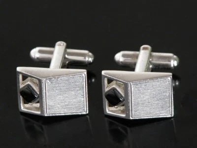 Vtg 1970s Cufflinks Onyx Stone Silver Tone Mid Century Modern Era - Image 1 of 3