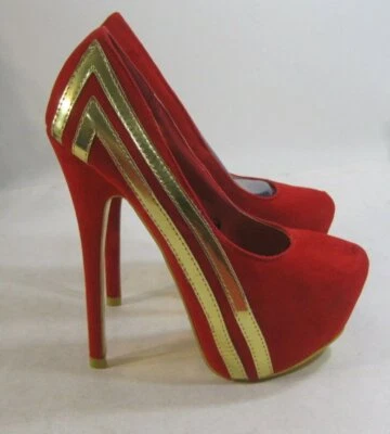 Nuevo Damas Rojo/Dorado 6" Stiletto Tacón Alto 2" Plataforma Punta Redonda Zapatos Mujer Talla 6 Foto 1 de 4