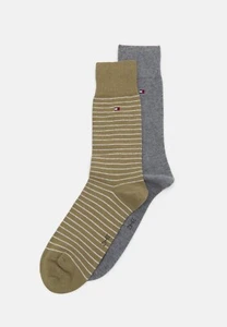 TOMMY HILFIGER Gift TOMMY Olive Green Stripe And Plain Grey SOCKS PACK 2 PAIRS - Picture 1 of 1