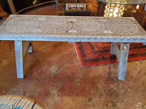 bench decorative grey reclaimed wood with white indian mandal designs Cover