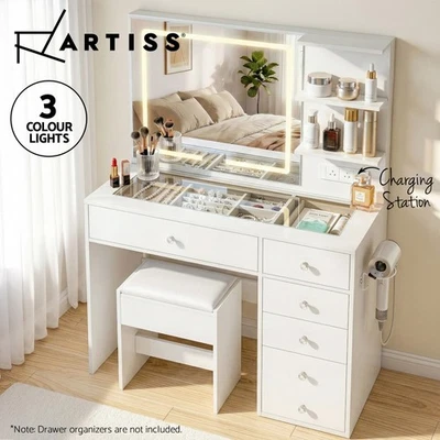 Artiss Dressing Table LED Vanity Desk Set Stool Charging Station Mirror White - image 1 of 4