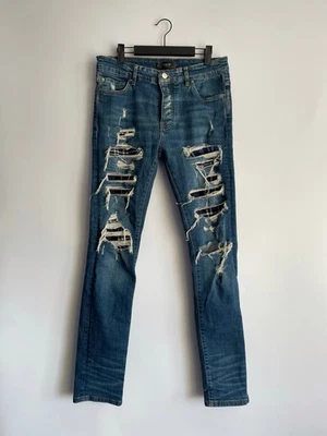 Pantalones de mezclilla azul parche a cuadros Amiri MX1 Distressed para hombre talla 33 Foto 1 de 4