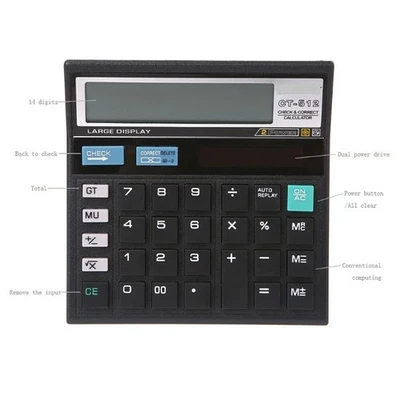 Black Solar Battery Desktop Calculator 12 Digit Large Button LCD Display Office - Image 1 of 4