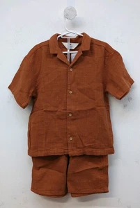 H&M Button Up Short Sleeves Boy's Cotton Shirt & Short Set US 5T Rust Brown 2 Pc - Picture 1 of 8