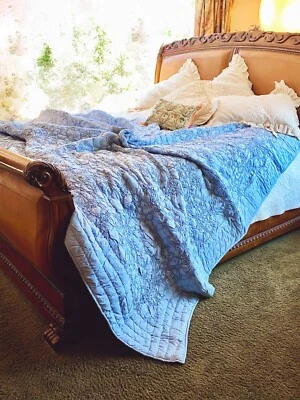 SOFT SURROUNDINGS CLAUDINE RUCHED QUILT QUEEN BLUE FOG  Orig $280 - Image 1 of 3
