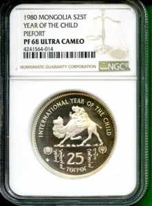MONGOLIA 1980 YEAR OF CHILD  PROOF  PIEFORT   $25 T NGC 68 UC  VERY RARE - Picture 1 of 2