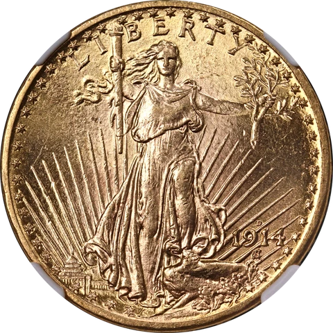 1914-D Saint-Gaudens Gold $20 NGC MS63 Superb Eye Appeal Strong Strike Cover