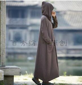 Womens Full Length Hoodie Linen Cotton Cardigan New Trench Coat Outwear Chinese