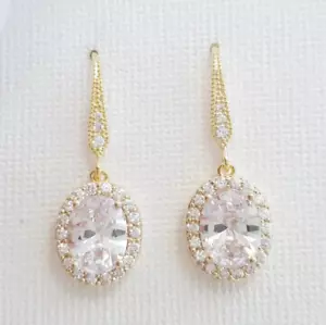 3.20 Ct Oval-Cut VS1/G Lab Grown Diamond Halo Drop Hoop Earrings 14k Yellow Gold - Picture 1 of 5