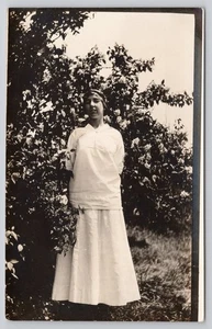 Young Woman Long White Dress Posing Outdoors by Trees RPPC Real Photo Postcard - Picture 1 of 2