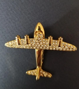 Flugzeug Brosche, Anstecknadel goldfarben mit Strass Vintage 60er Retro 3-D Neuheit - Bild 1 von 3