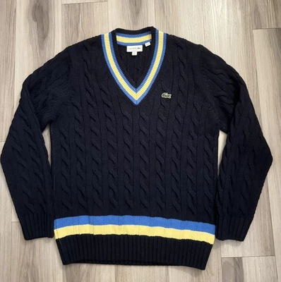 LACOSTE NEW! Dark Blue/Yellow V-Neck Wool Cable Knit CLASSIC FIT Sweater Sz L - image 1 of 4