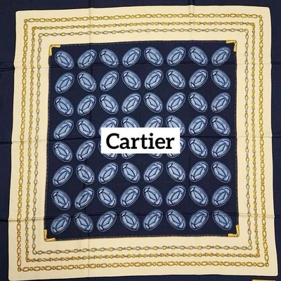 Cartier Bufanda Seda Grande Cadena Logo Azul Marino talla 34.2 pulgadas x 32.6 pulgadas usada en Japón Foto 1 de 4