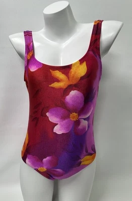 Vintage Catalina Swimsuit Large Red Pink Tropical Floral Ribbed One Piece 90s - Image 1 of 4