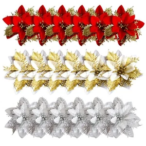 18 PCS Christmas Glitter Flowers, 5 Inch Artificial Flowers Christmas Ornamen... - Picture 1 of 9