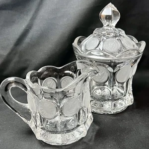 Fostoria Clear Coin Creamer / Cream Pitcher and Covered Sugar Bowl Patriotic EUC - Picture 1 of 7