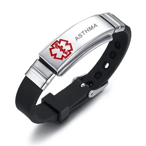 Wristband Women Men Kids Silicone Black Free Engraving Medical Alert ID Bracelet - Picture 1 of 21