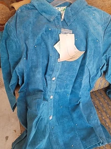 The Quacker Factory Women's Blue Suede Leather Button Shirt w/ Rhinestones New - Picture 1 of 12