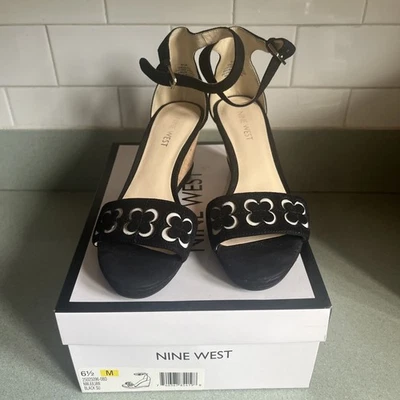 Correa de tobillo Nine West Julian para mujer negra gamuza punta abierta cuña talla 6,5 Foto 1 de 4