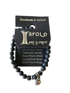 Handmade Icelandic Black Lava Stone Bracelet w/ Lava, Swarevski Crystals & Koral - Picture 1 of 6