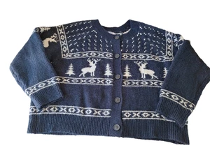 Old Navy Cardigan Sweater Women XL Reindeer Fair Isle Ski Nordic Cozy Soft Navy - Picture 1 of 9