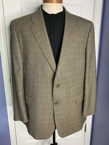 Lauren Ralph Lauren Jacket Tan Blue Brown Houndstooth Check Silk Wool Blazer 48R - Picture 1 of 10