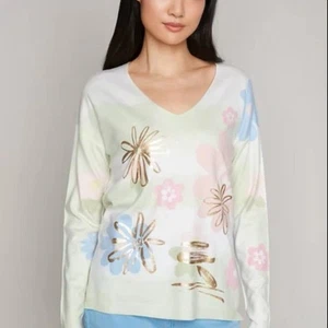 Neu mit Etikett Carre Noir Langarmpullover Blumenmuster V-Ausschnitt Größe Small - Bild 1 von 7