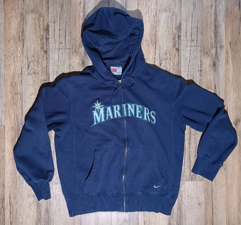 VINTAGE Seattle Mariners Sweatshirt Mens Medium Blue Small Swoosh Spellout Nike Cover