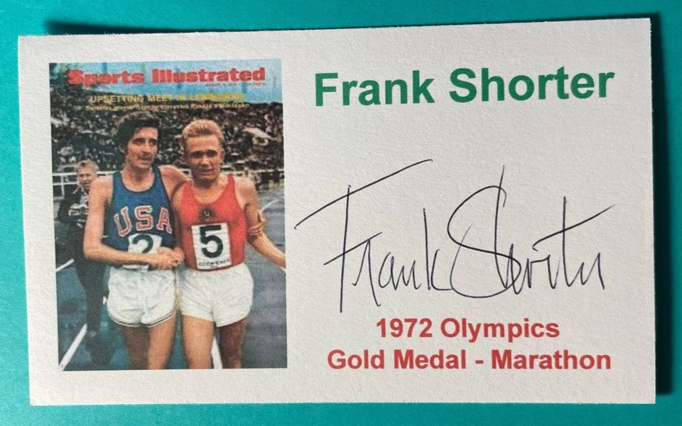 SIGNED FRANK SHORTER 3"X5" INDEX CARD - GOLD MEDAL 1972 OLYMPICS - MARATHON - Image 1 of 1