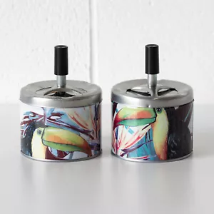 Set of 2 Spinning Ashtrays with Lids Indoor Outdoor Pub Tropical Toucan Birds - Picture 1 of 5
