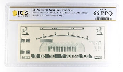 (1972) $1 Giori Press Test Note Green Reverse Only Gem Unc 66 PPQ PCGS *6127 - Image 1 of 3