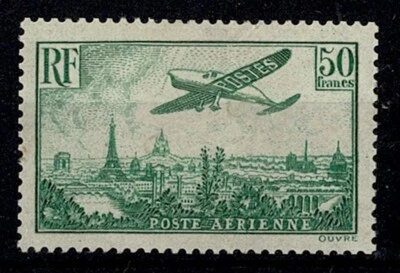 FRANCE STAMP YVERT AIR POST 14 SCOTT C14 " PLANE PARIS 50F EMERALD" MH F-VF Y754 - Image 1 of 2