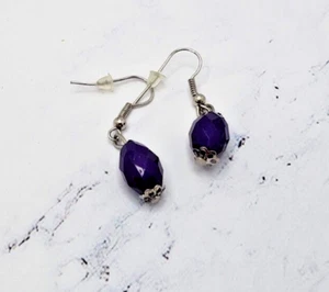 Silver Tone With Large Purple Bead Dangle Drop Earrings - Picture 1 of 4