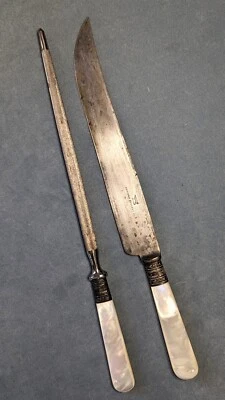 Meriden Chef Knife Forged Carbon Blade & Sharpener Pearl Handle Sterling Ferrule - Image 1 of 4