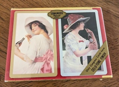 VTG Coca-Cola "LADY IN HAT" Congress Playing Cards,Double Deck,Cel-U-Tone Finish - Image 1 of 4