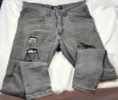 Brooklyn 男式超紧身破洞补丁街头牛仔裤 - 黑色 34,30.5 码 — 第 1/4 张图片