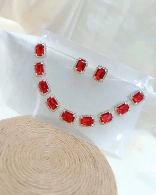 Massiccio 925 Argento Sterling Rettangolo Rosso Zirconia Gemma Collana Set Gift - Immagine 1 di 4