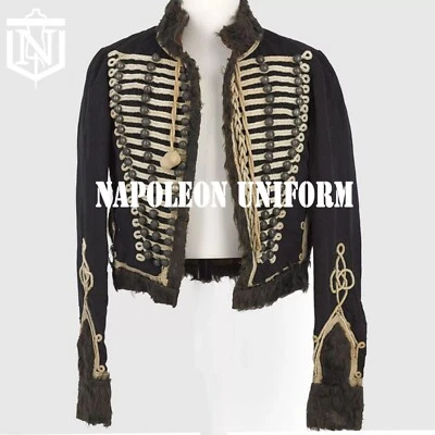 New Men Hussar Pelisse Black Napoleonic Military Style Dolman Braid &Fur Jacket - Image 1 of 4