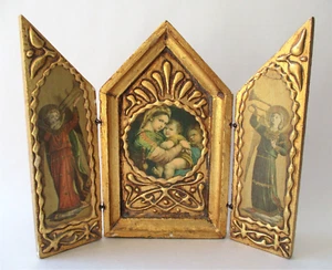 Beautiful Vintage Religious TRIPTYCH Folding Wooden Madonna Baby Jesus Icon - Picture 1 of 4