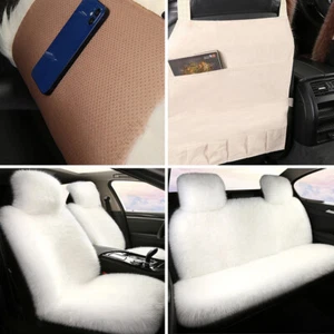 White Front + Rear Car Chair Fur Plush Winter Seat Covers Cusion Pad Anti-slip - Picture 1 of 6