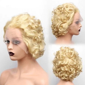 Parrucche ricci corti taglio pixie capelli umani 613 capelli vergini biondi 13x1 pizzo davanti USA - Foto 1 di 11